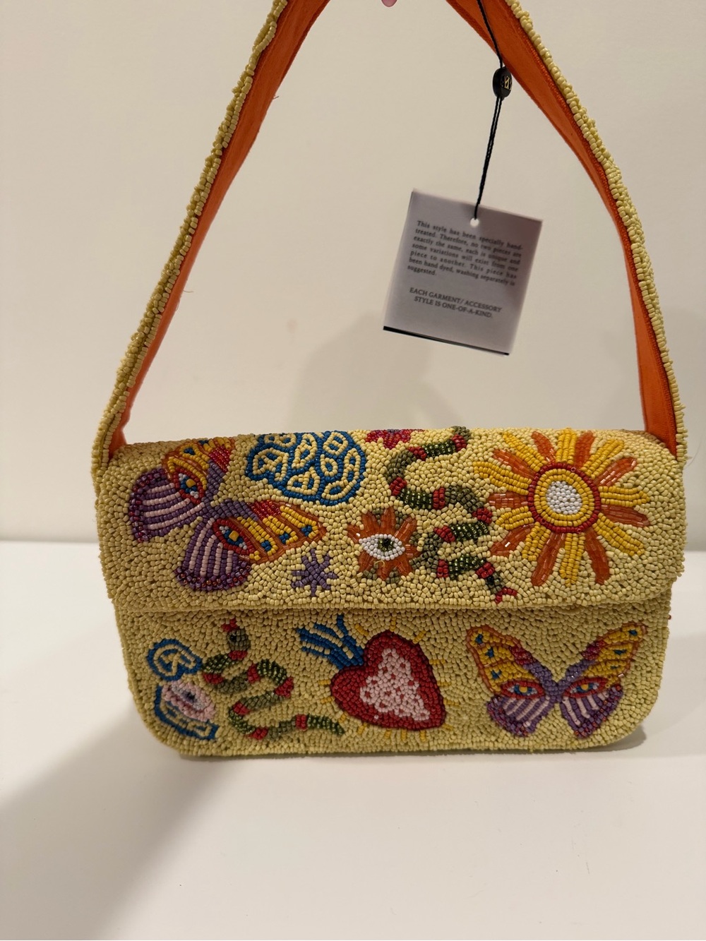 Beaded Floral & Butterfly Shoulder Bag in Yellow